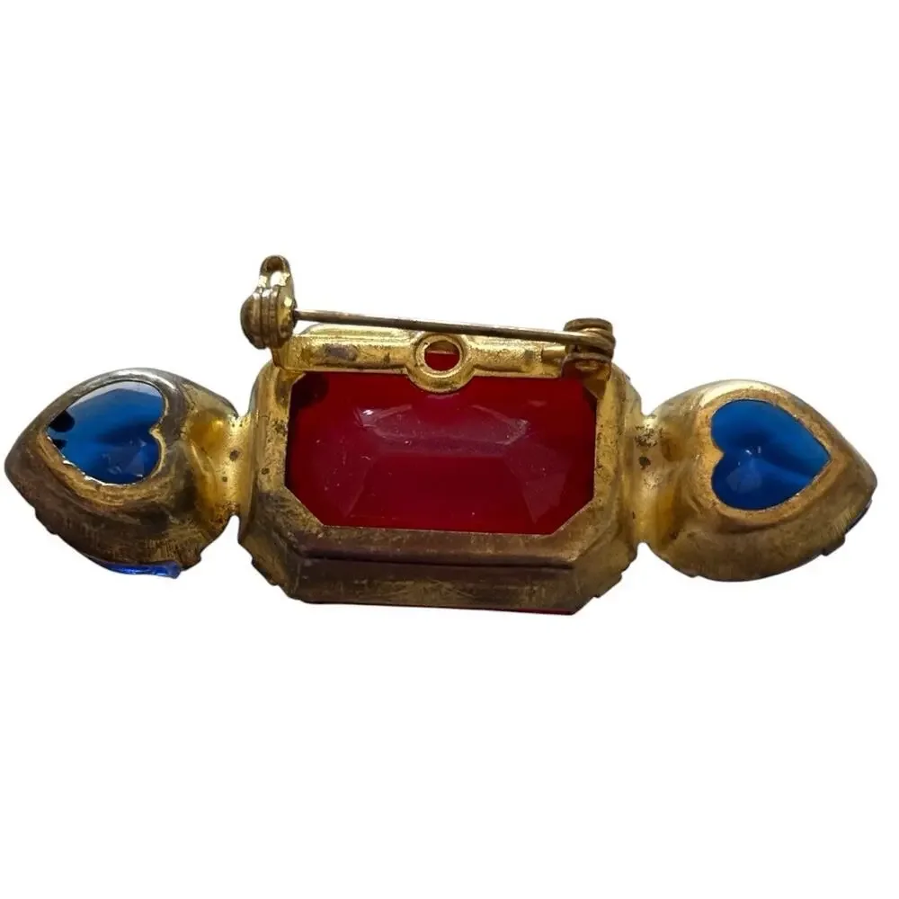 Vintage Brooch Red Blue Rhinestone Gold Tone Bar Pin Art Deco Chunky mcm